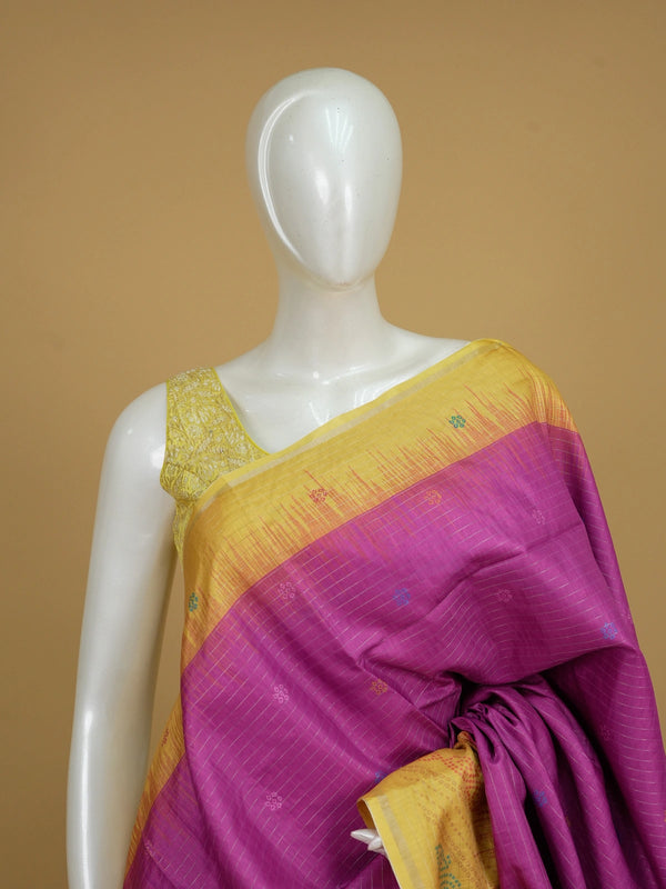 Magenta Dola silk saree with yellow contrast border and bandhani-motif pallu