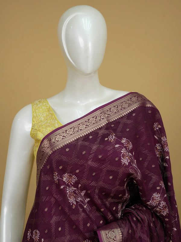 Wine purple art silk designer saree with floral prints, gold zari buttis and contrast zari border
