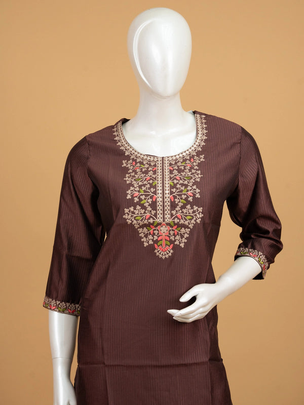 Brown embroidered cotton straight cut kurti top with floral sequin yoke and 3/4th sleeves