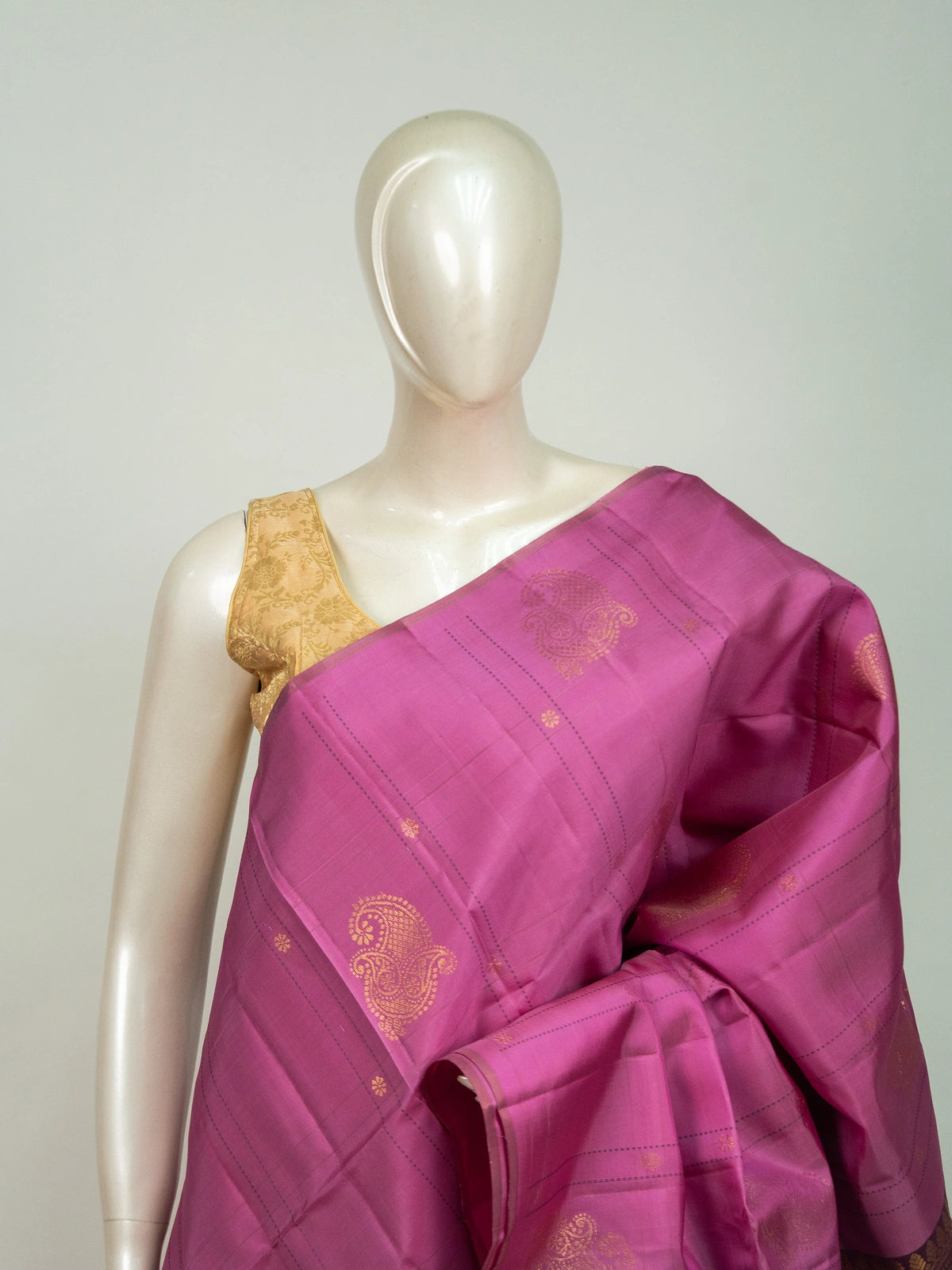 Pink and maroon Kanchipuram Pure Mix saree with gold zari paisley buttas and contrast border