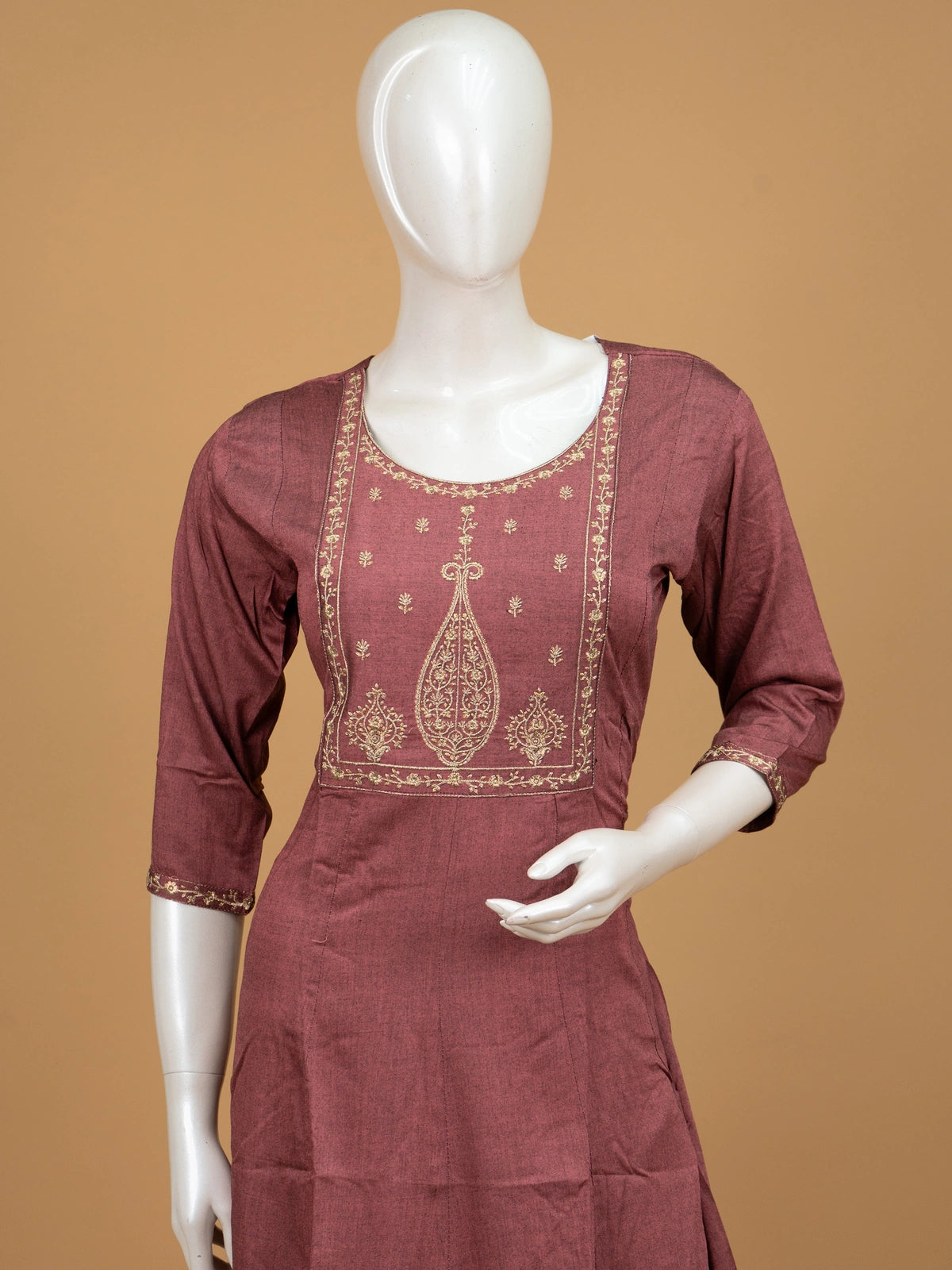 Dusty mauve zari embroidered cotton Anarkali kurti top with paisley yoke and 3/4th sleeves