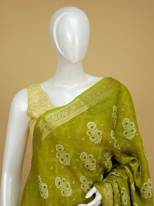 Mehndi green designer art silk saree with cream floral butis and gold zari border