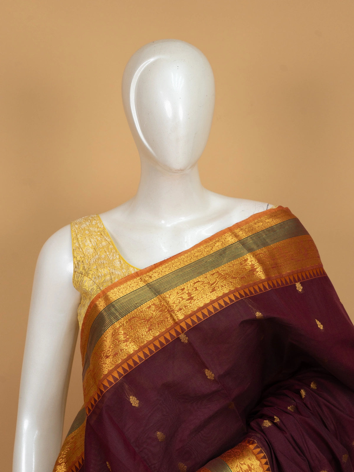 Wine Chettinad cotton saree with gold zari buttas and contrast mustard-gold temple border