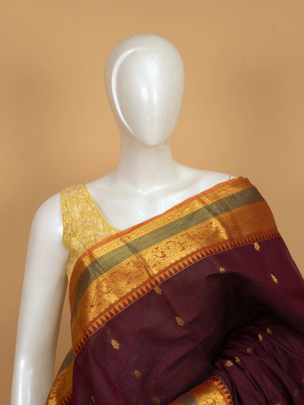 Wine Chettinad cotton saree with gold zari buttas and contrast mustard-gold temple border
