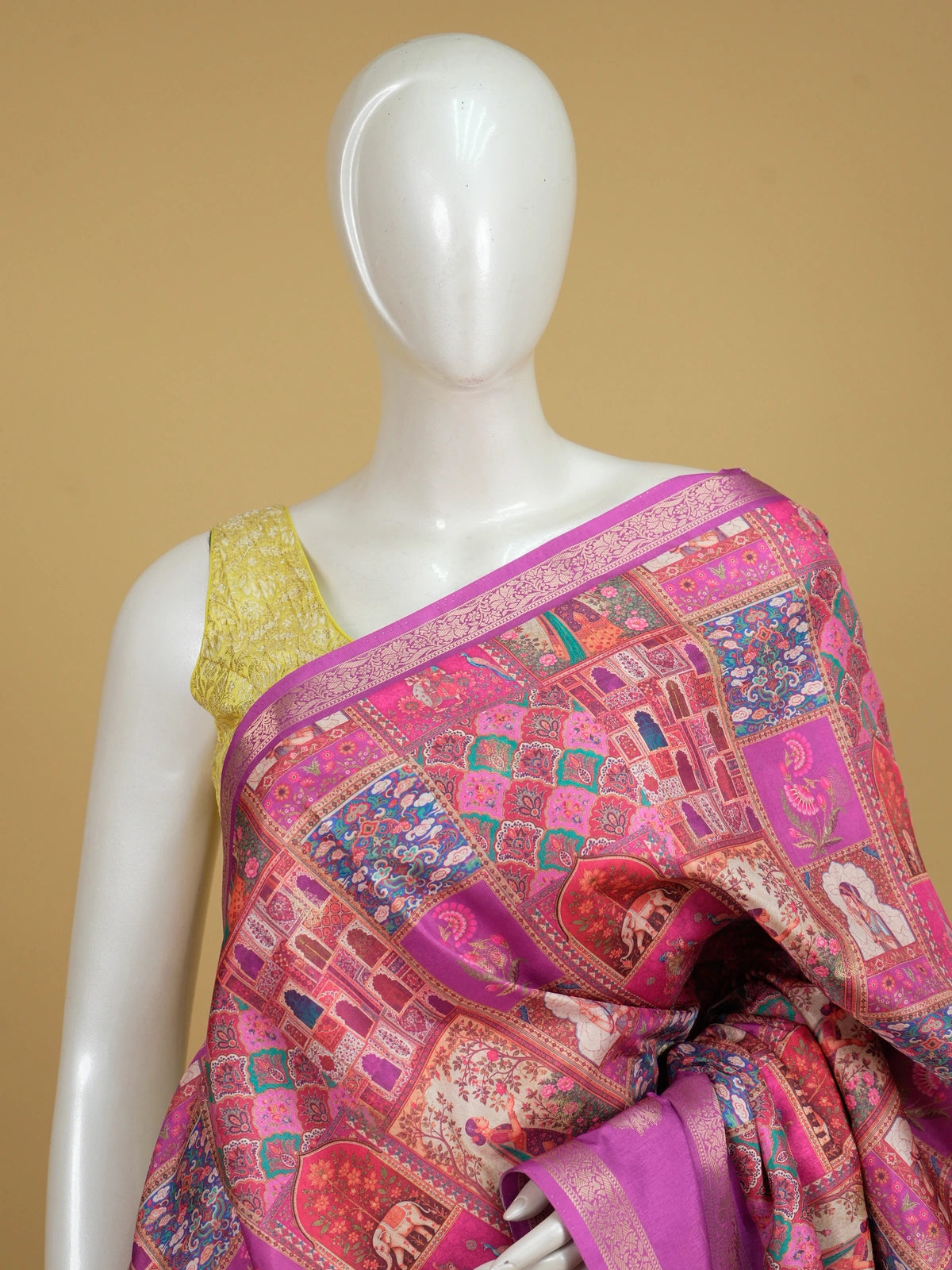 Magenta pink Dola silk saree with Mughal patchwork print and gold zari border