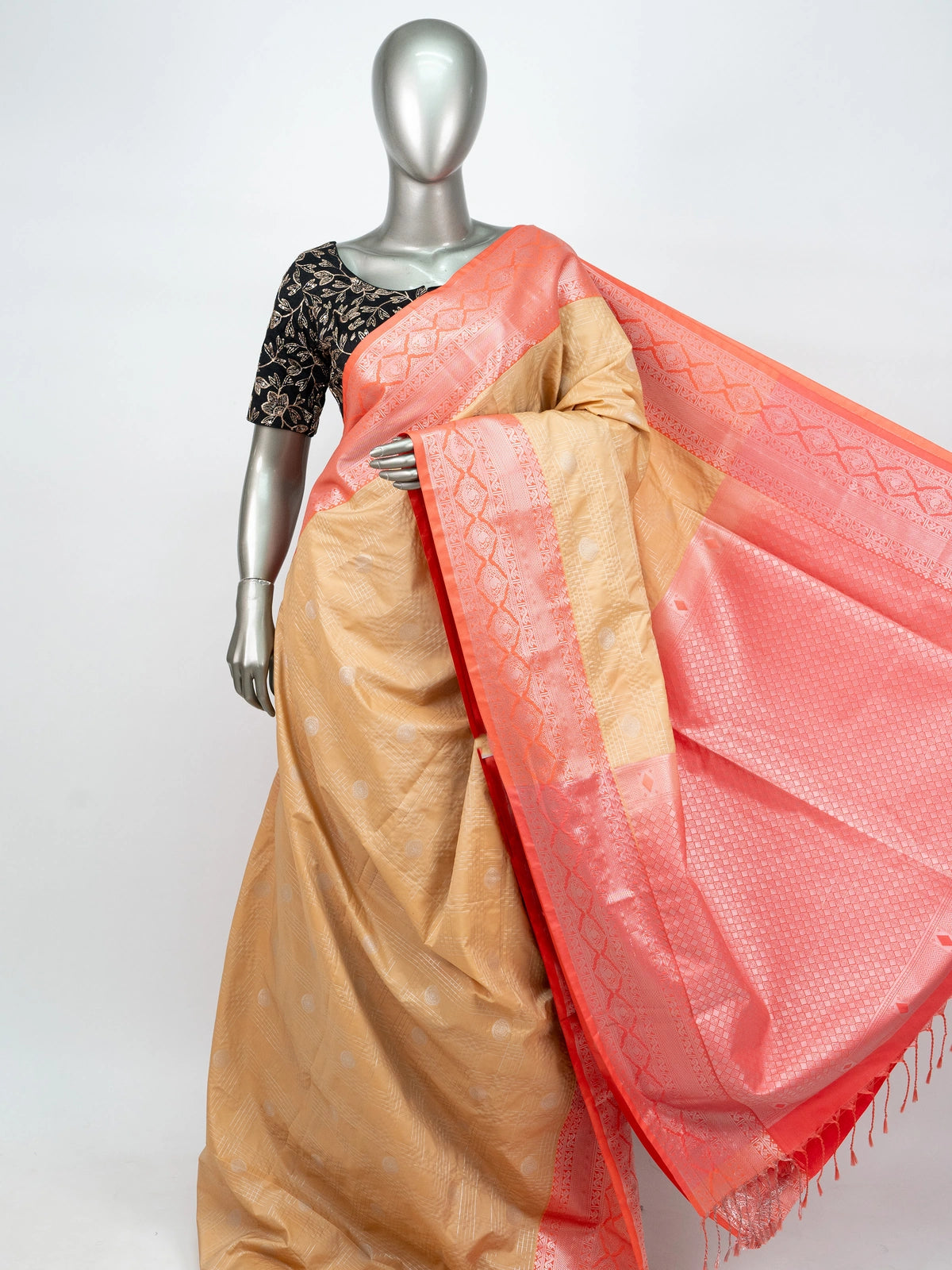Beige semi silk saree with coral silver zari border and Vaira Oosi Design woven buttas