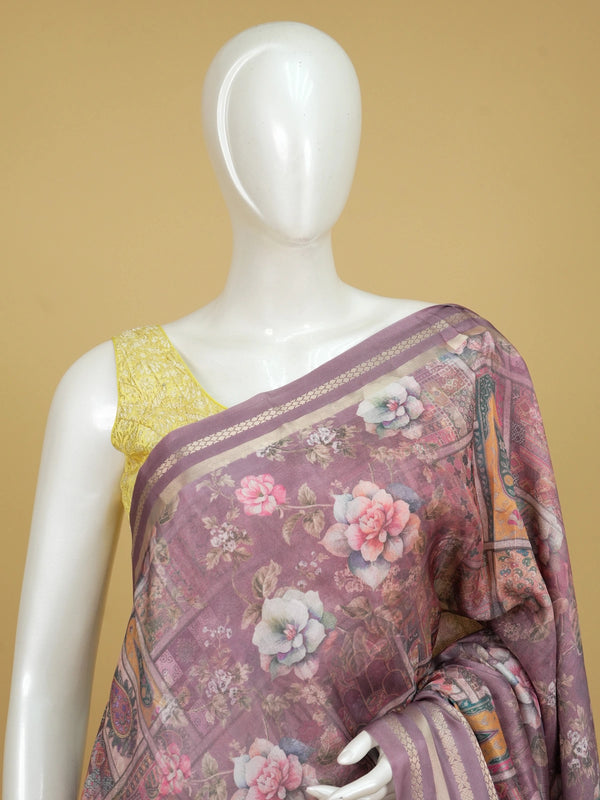 Dusty mauve floral printed designer saree with gold zari border and patchwork pallu