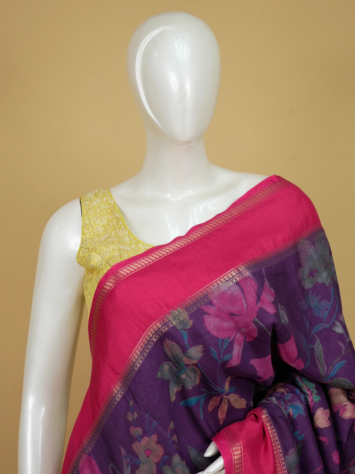 Purple Dola silk saree with pink floral print and gold zari contrast border