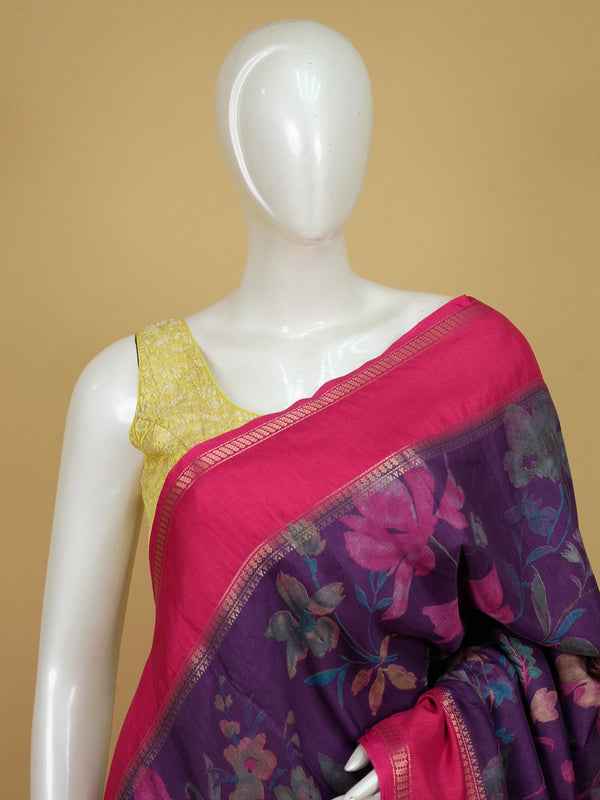 Purple Dola silk saree with pink floral print and gold zari contrast border