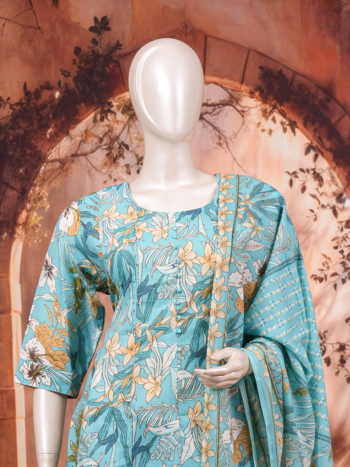 Turquoise Floral Printed Cotton Umbrella Kurti Set with Dupatta XL