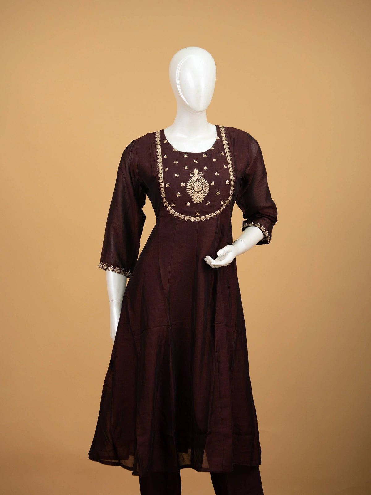 Wine art silk Anarkali kurti set with gold zari embroidered yoke and matching dupatta