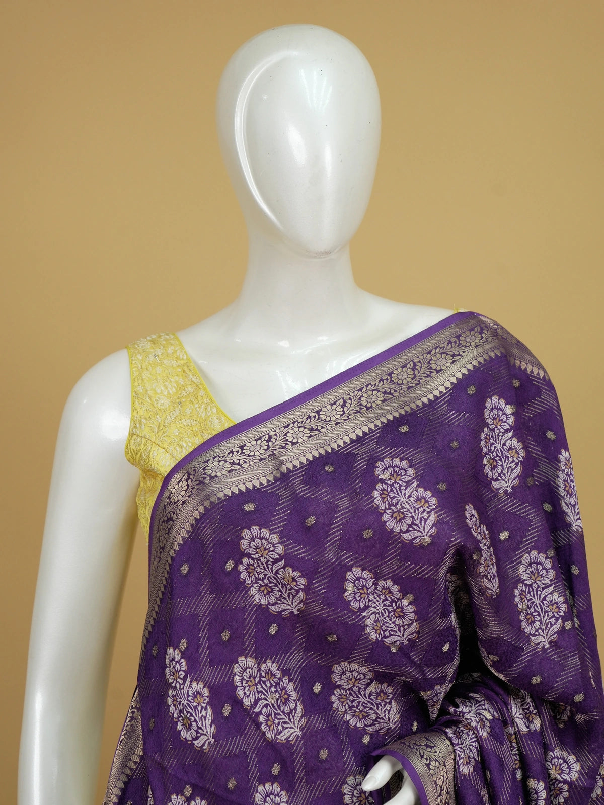 Purple art silk designer saree with white and gold floral buttas and zari border