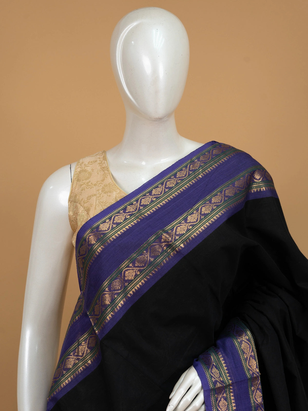 Black Chettinad cotton saree with purple gold zari contrast border and striped pallu