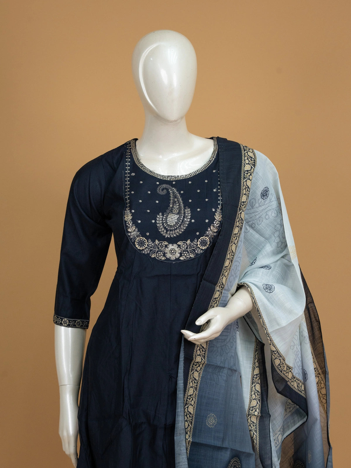 Navy Blue Zari embroidered cotton A-Line kurti set with grey printed dupatta and straight pants