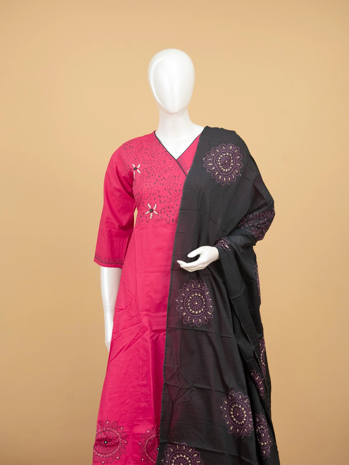 Rani Pink Cotton Angrakha Anarkali Kurti Set with black mandala-print dupatta