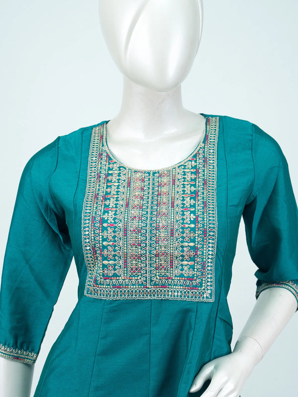 Teal embroidered art silk Anarkali kurti with gold zari yoke embroidery