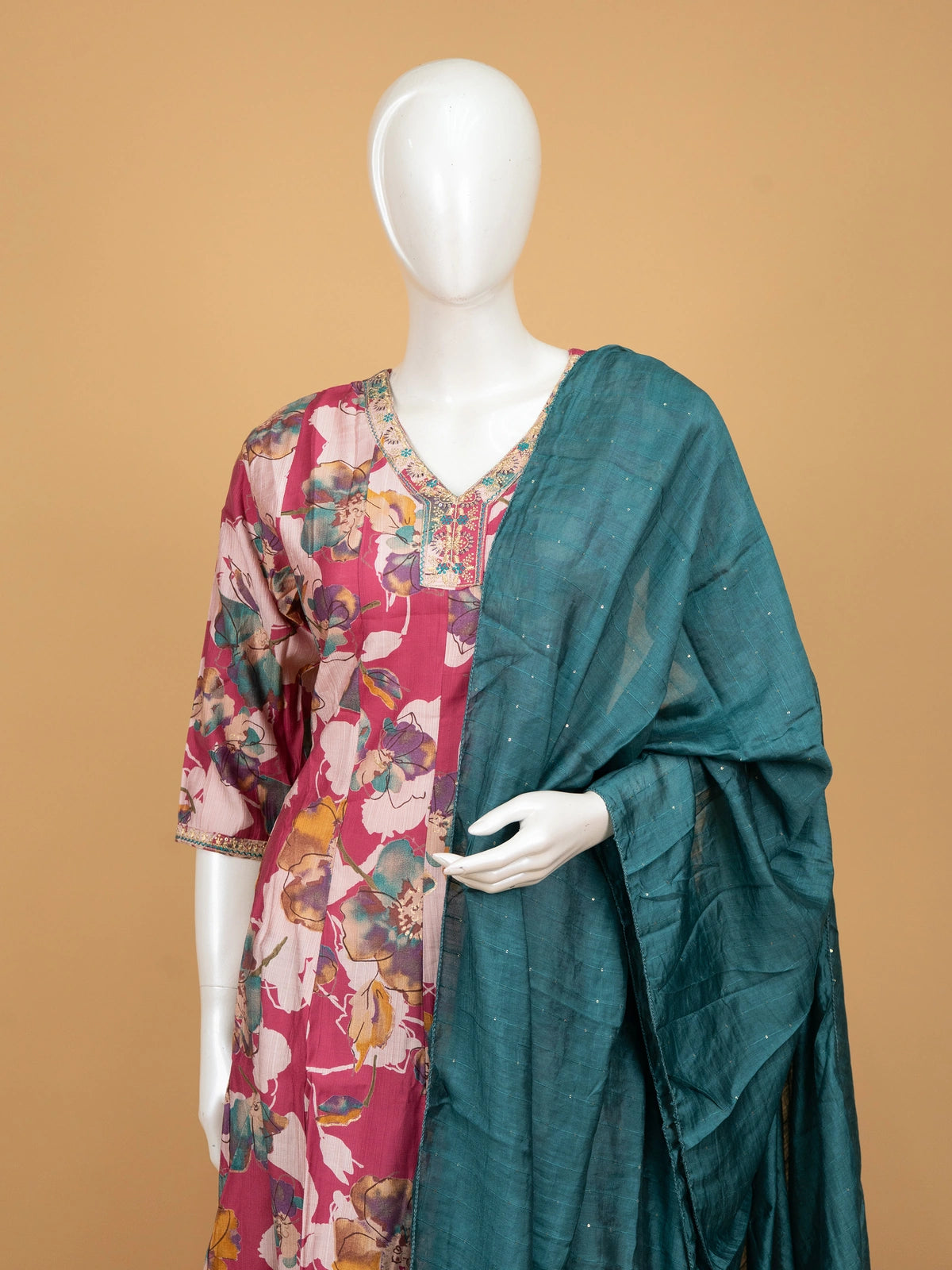 Pink floral printed silk blend A-line kurti set with embellished neckline and contrasting teal dupatta