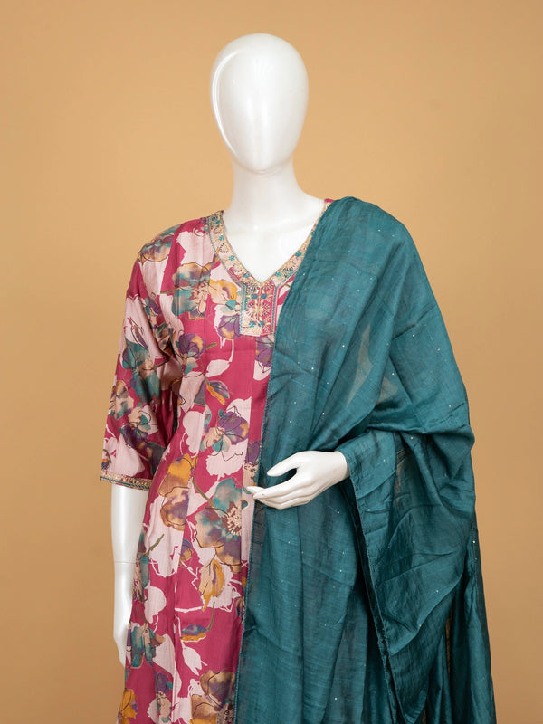Pink floral printed silk blend A-line kurti set with embellished neckline and contrasting teal dupatta