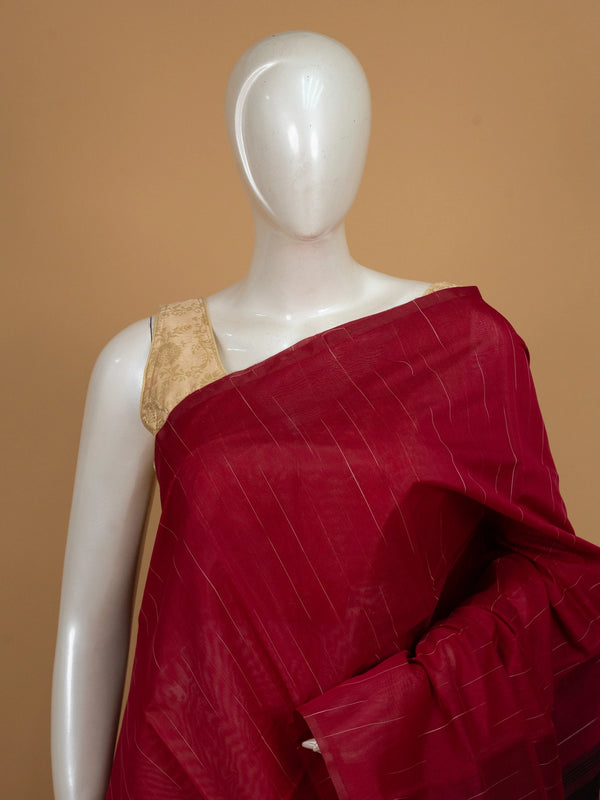Red silk cotton saree with fine zari stripes and a striped maroon pallu