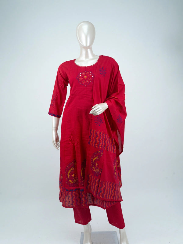 Red cotton mirror work embroidered Anarkali kurti set with printed dupatta and straight pants