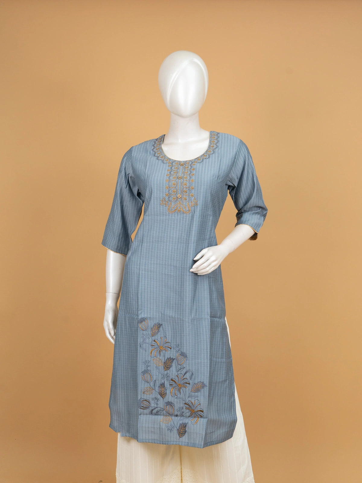 Grey Blue Cotton Zari Embroidered Anarkali Kurti Top with gold floral embroidery