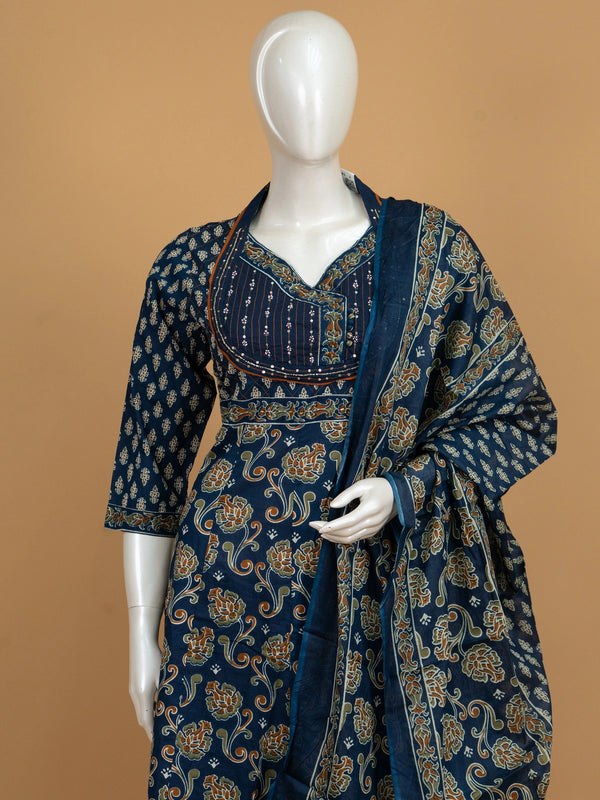Indigo Blue Ajrakh print cotton embroidered Anarkali kurti set with matching pants and dupatta