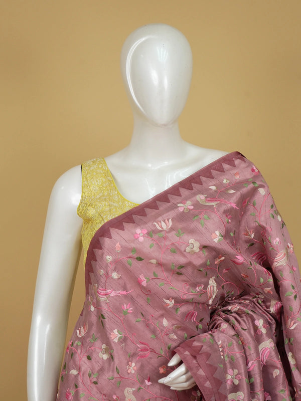 Dusty rose pink designer saree with floral and bird thread embroidery and temple border
