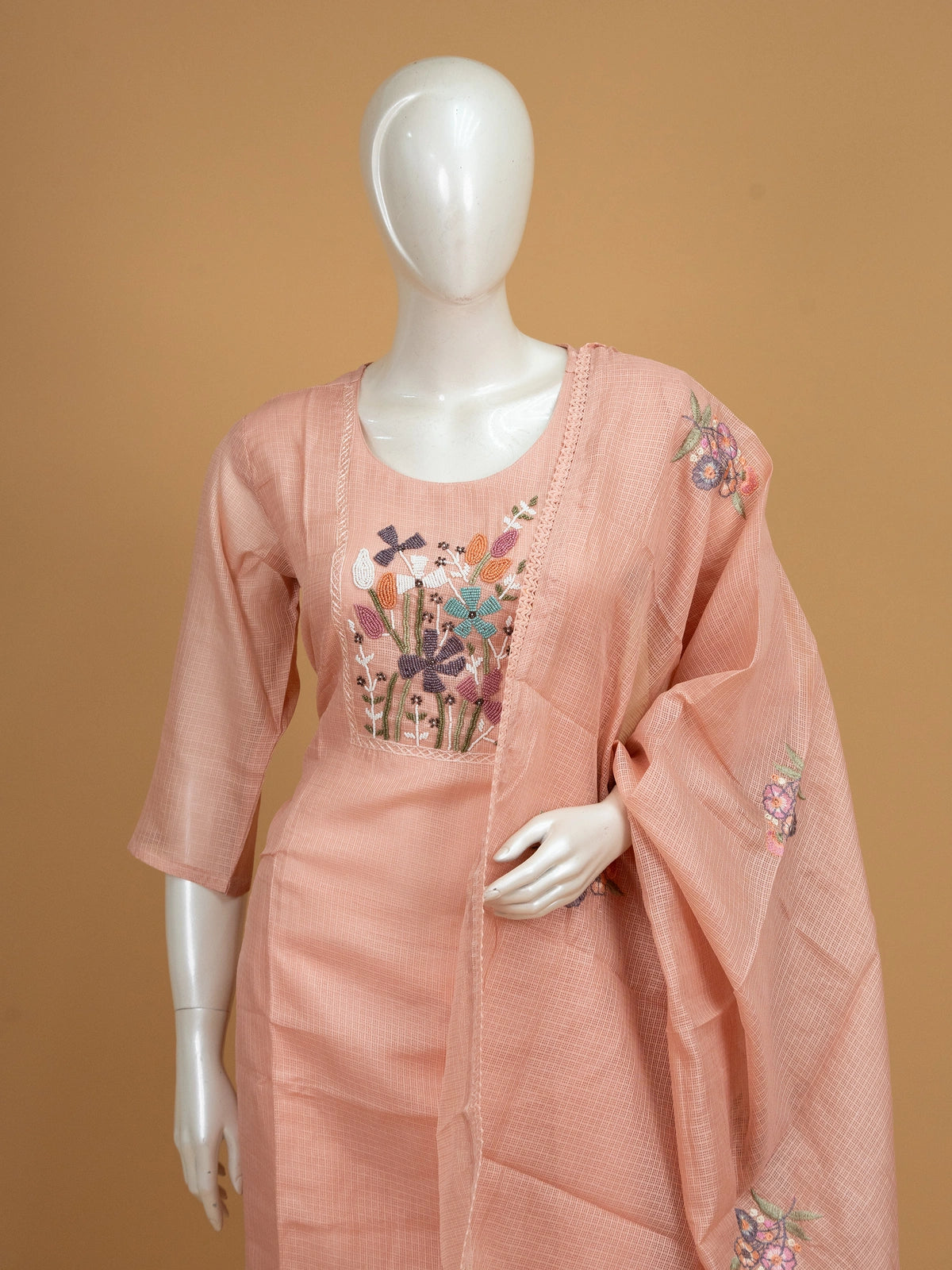 Peach Kota Doria straight cut kurti set with multicolour floral beadwork and embroidered dupatta