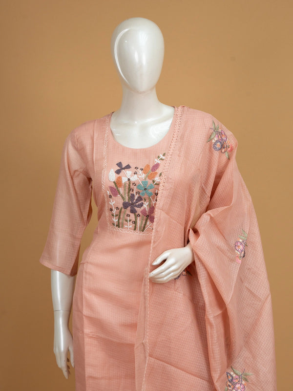 Peach Kota Doria straight cut kurti set with multicolour floral beadwork and embroidered dupatta