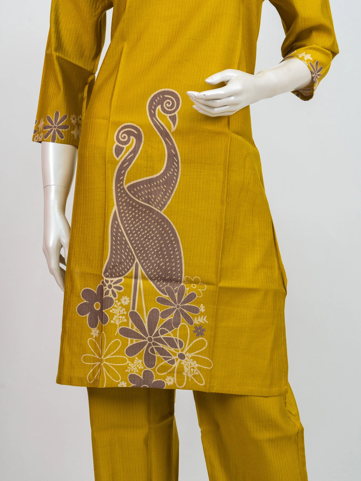 Mustard yellow peacock printed cotton co-ord kurti set with straight-fit pants