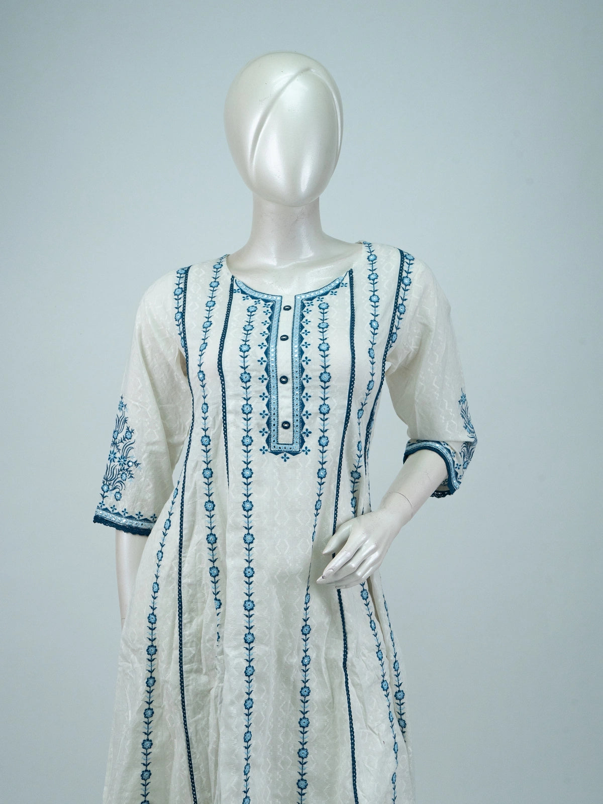Off-White blue floral embroidered cotton anarkali kurti set with tie-dye dupatta