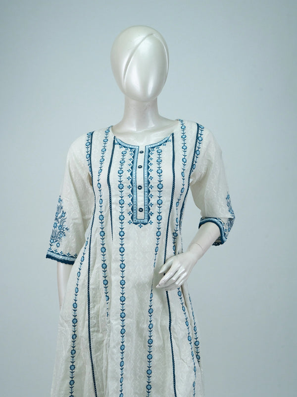 Off-White blue floral embroidered cotton anarkali kurti set with tie-dye dupatta