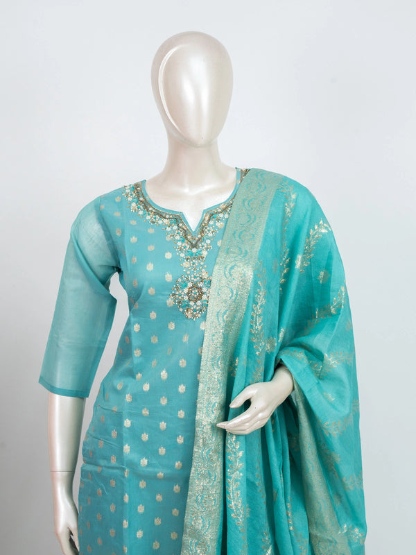 Turquoise zari embellished Chanderi silk straight cut kurti set with matching pants and gold zari dupatta