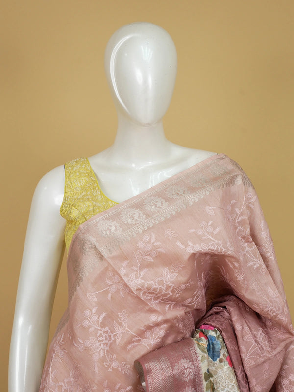 Dusty rose-pink designer saree with tonal floral embroidery and multicolour cream floral border