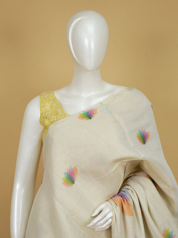 Cream linen cotton saree with multicoloured leaf and lotus-petal prints
