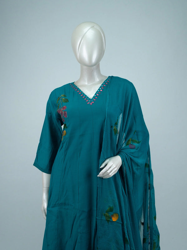 Teal hand-painted floral Anarkali kurti set with pants and sheer painted dupatta