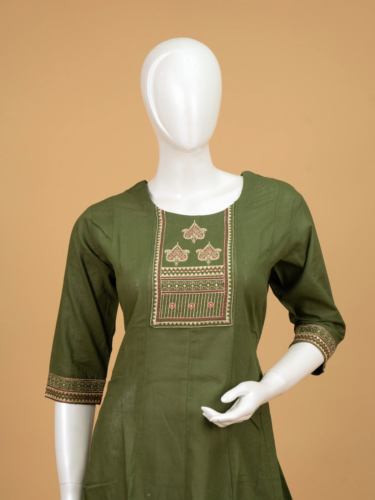 Olive green cotton embroidered anarkali kurti top with maroon and gold yoke work