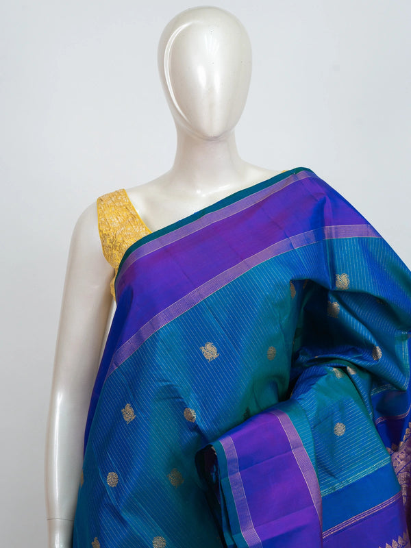 Peacock blue pure Kanchipuram silk saree with contrast purple gold zari border and brocade pallu