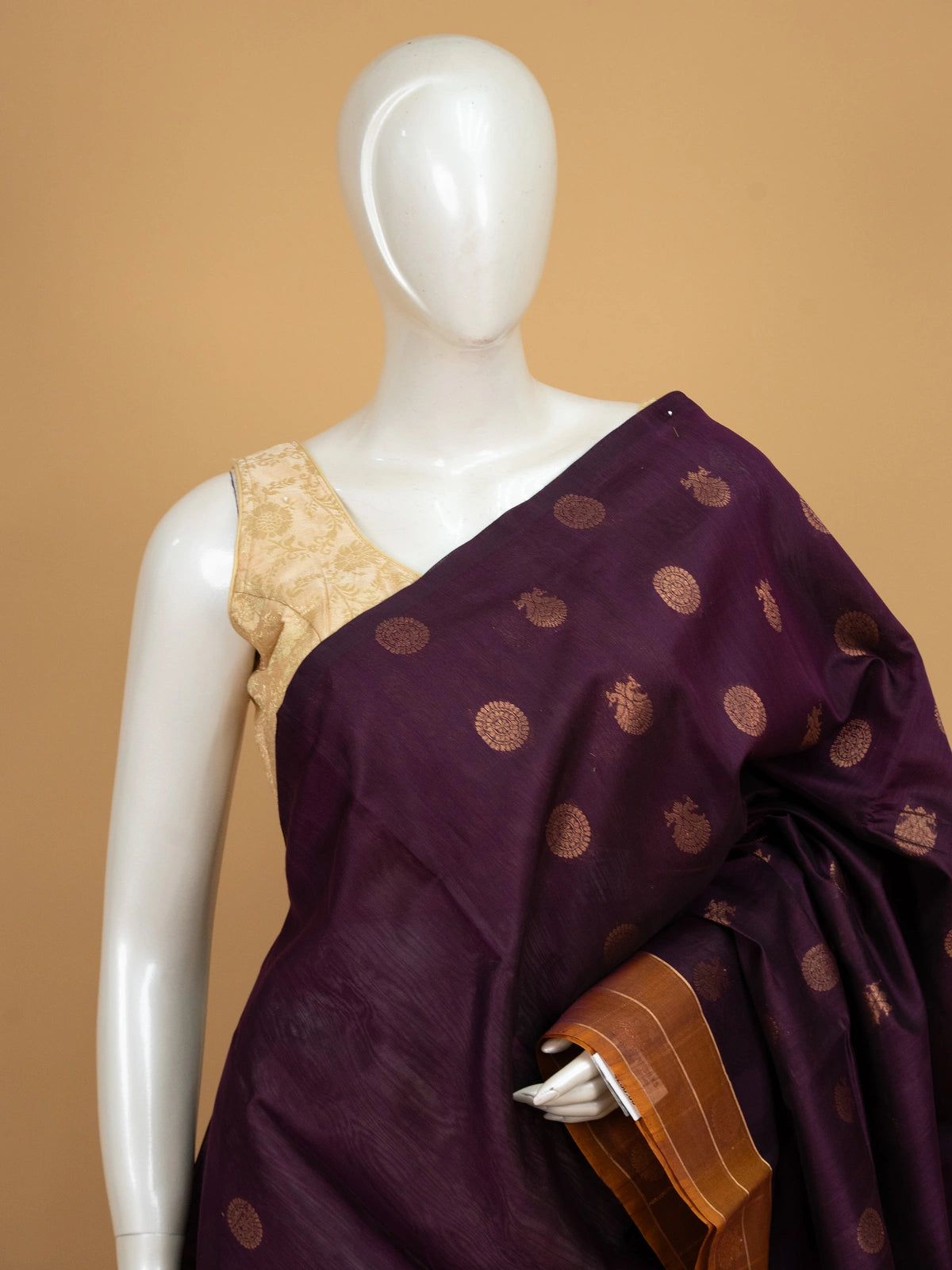 Purple pure silk cotton saree with copper zari buttas and contrast copper-gold zari border and pallu