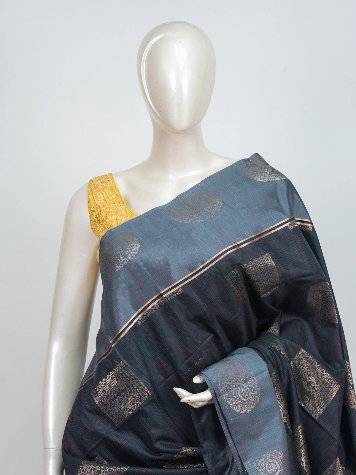 Dual-tone grey and gold Kanchipuram Fancy Silk saree with gold zari buttas and contrast zari border