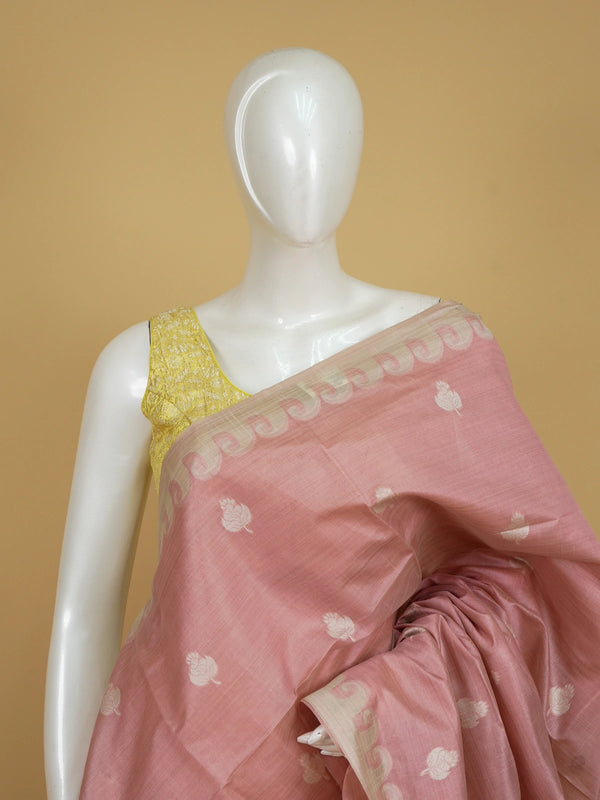 Dusty rose pink linen cotton saree with cream floral buttas, contrast scroll border and printed kalamkari pallu