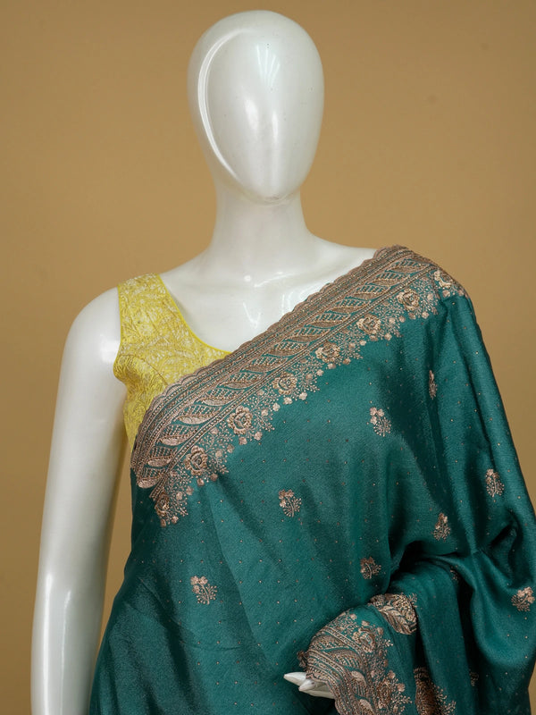 Teal green designer saree with copper floral embroidery, sequin work and scalloped embroidered border