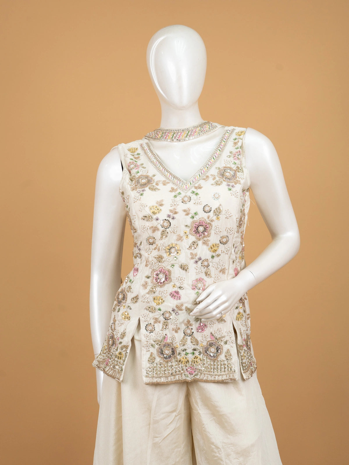 Ivory floral embroidered art silk straight cut kurti set with palazzo pants and sequin dupatta