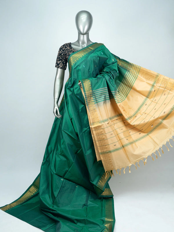 Green BanCream Banana Silk saree with gold zari border and buta mot