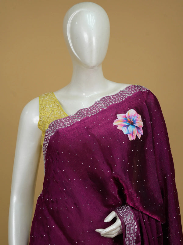 Magenta designer saree with multicolour floral print and silver stone-work border