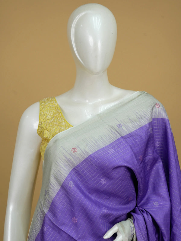 Purple Dola silk saree with contrast cream pallu, bandhani-style butta motifs and zari check border