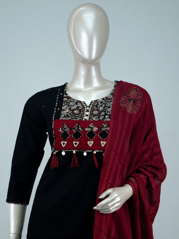 Black cotton straight cut kurti set with mirror work yoke and maroon block-print dupatta