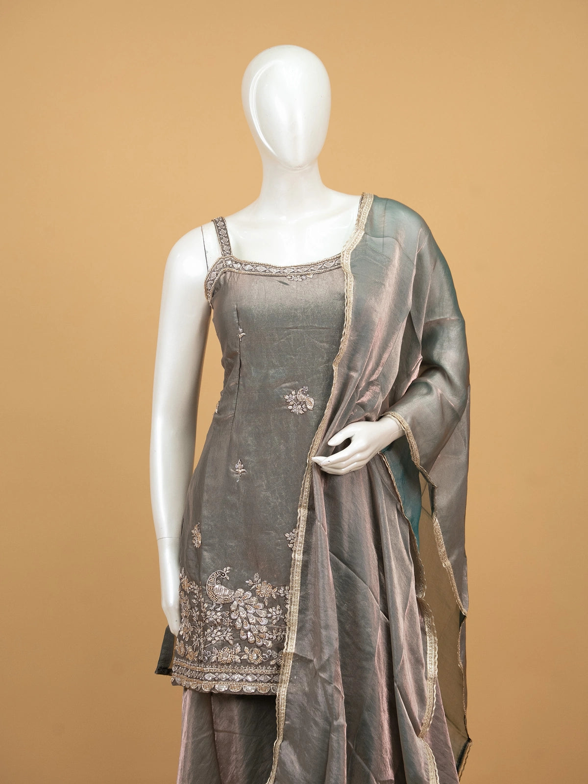 Grey tissue silk peacock embroidered straight cut kurti set with palazzo pants and shimmer dupatta