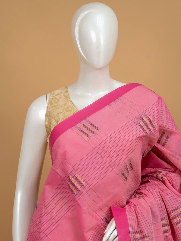 Pink silk cotton saree with magenta contrast border, gold zari buta motifs and woven paisley pallu