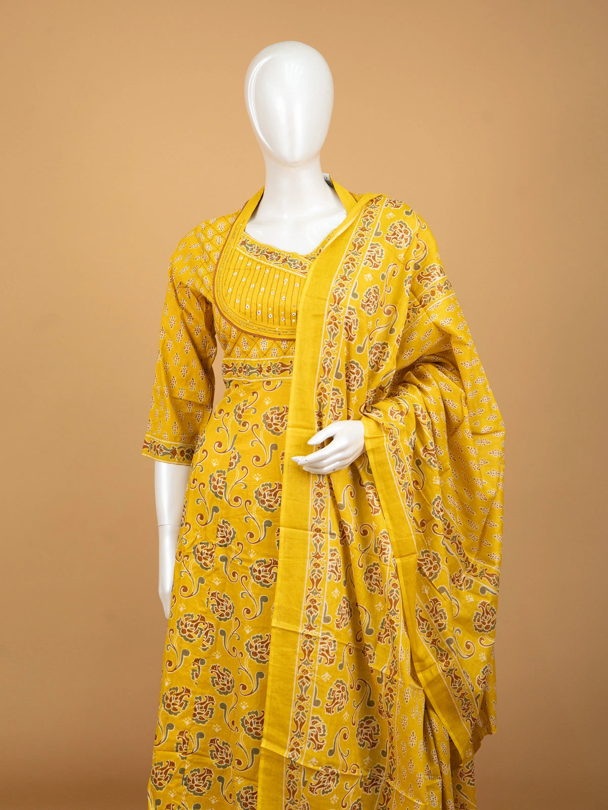 Mustard Yellow floral block print cotton Anarkali kurti set with dupatta